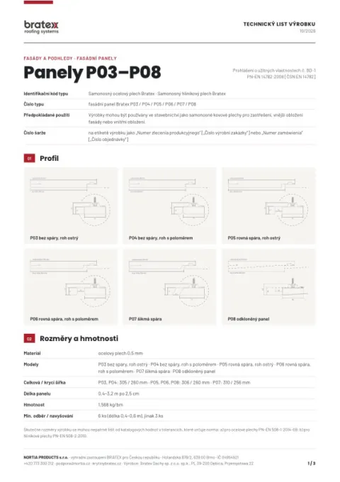 Náhled: Technický list Panely P03–P08